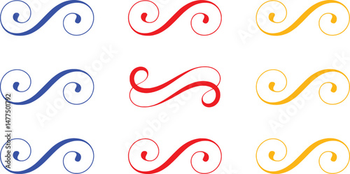 Decorative swirls and curls in blue red and gold colors vector illustration