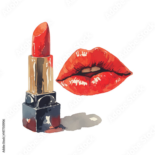 Vibrant red lipstick next to luscious red lips with a glossy finish showcasing beauty and elegance for a makeup look