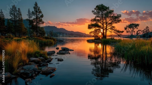 Serene sunset over tranquil lake with reflections nature landscape peaceful environment scenic view