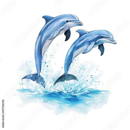 Dolphins playfully leaping over ocean waves in a vibrant and dynamic underwater scene
