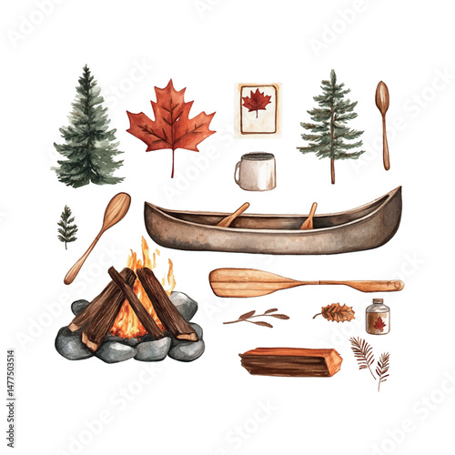 Discover cozy camping elements featuring a canoe, campfire, and nature decorations in a serene outdoor setting