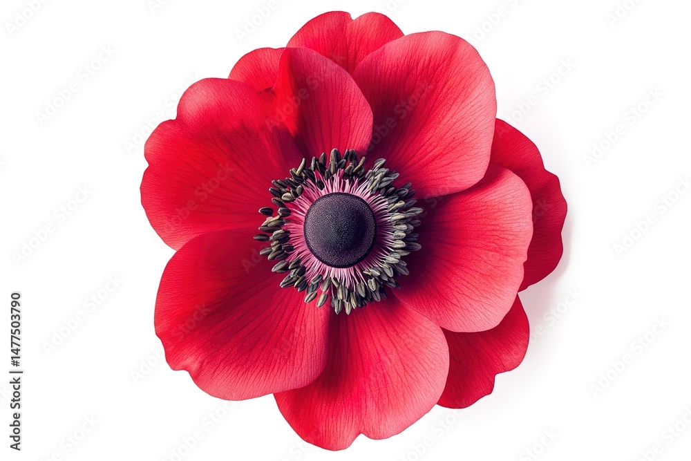 Fototapeta premium A bright red anemone flower with bold petals and a dark center, isolated on a clean white backdrop