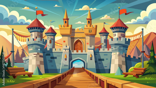  The castle’s architecture is a marvel — detailed arches, tall watchtowers, and a grand drawbridge guarding the entrance. Banners flutter in the breeze, bringing life and color to the historic fortres