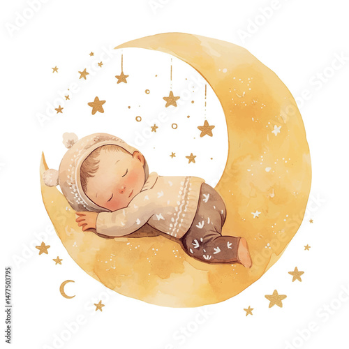 Baby peacefully sleeping on a crescent moon with glowing stars and a serene backdrop at night