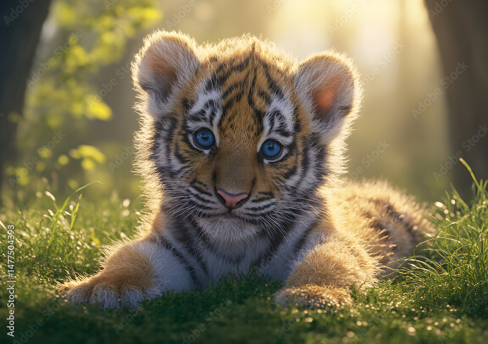 Fototapeta premium Tiger Cub in a Sunlit Forest Clearing