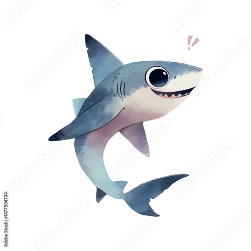 Playful cartoon shark swimming joyfully in a vibrant underwater scene with a surprised expression