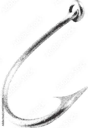 Black and white xerox effect vector fishing hook isolated illustration grunge textured bait hook icon fishing equipment monochrome roughened fishing hook symbol angling hobby fishing tackle design