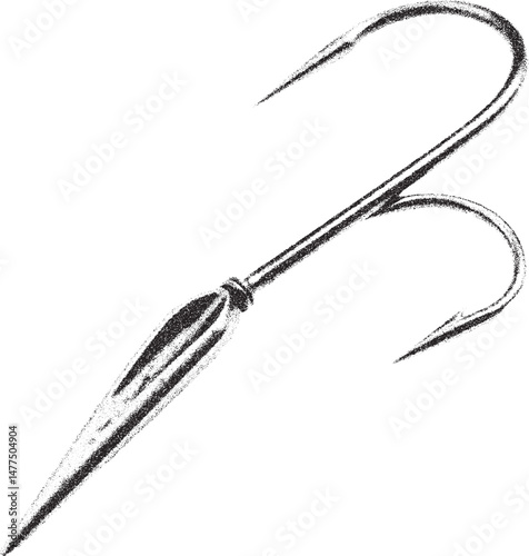 Black and white xerox effect vector illustration of a double fishing hook isolated on white background fishing gear tackle equipment for fisherman hobby fishing accessories sharp metal hook with barb