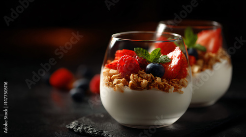 Yogurt parfait with granola and novel berries, ideal for breakfast or dessert in glasses.