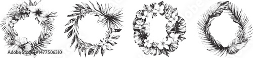 Tropical Black and White Xerox Effect Floral Frame Vectors for Summer Designs Wedding Invitations and Greeting Cards with Palm Leaves Hibiscus Flowers and Monstera Leaves