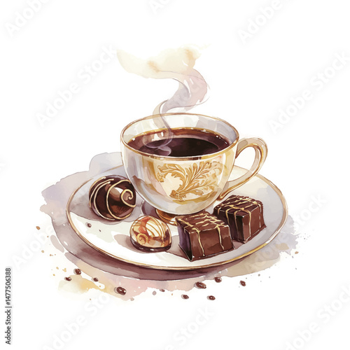 Rich coffee served in an elegant cup with assorted chocolates on a decorative plate