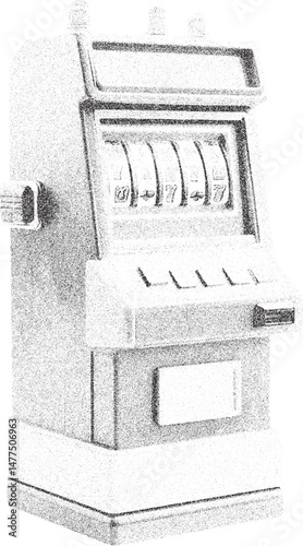 Black and white xerox effect vector illustration of a vintage slot machine with triple sevens jackpot gambling casino luck chance game retro style stippled texture old fashioned entertainment win