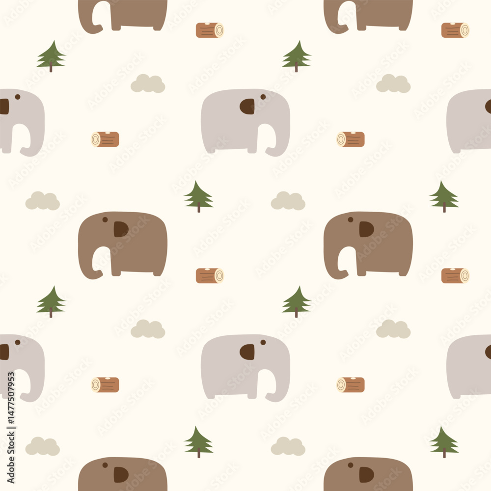 Fototapeta premium Elephant gray and brown cartoon so cute. On tree cloud log background. Pattern seamless vector illustration.
