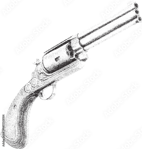 Black and white xerox effect vector illustration of a vintage shotgun firearm handgun pistol weapon isolated on white background old fashioned antique collectible retro grunge stippled textured