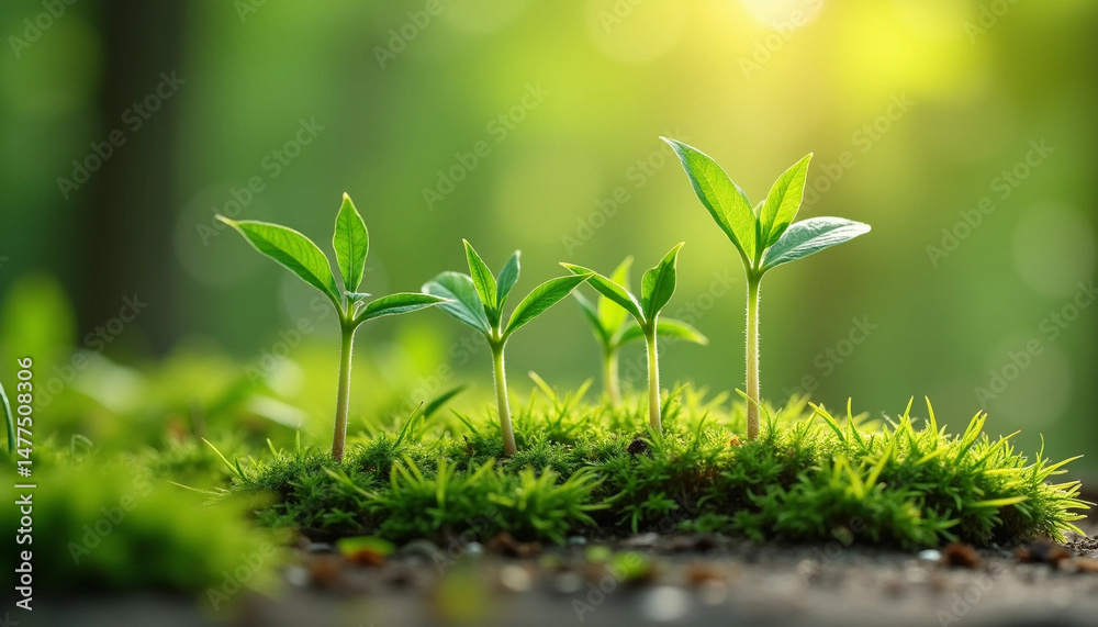 Obraz premium Young green sprouts growing from moss under sunlight, symbolizing life and hope.