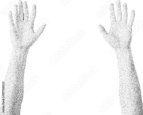 Black and White Xerox Effect Vector Illustration of Two Hands Raised Up in Celebration Protest or Voting Concept Grainy Texture High Contrast Monochrome Ideal for Prints Posters Social Media Graphics