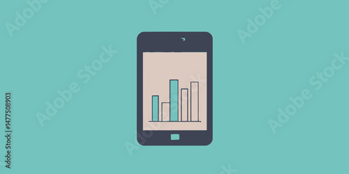 Mobile device displaying colorful vertical bar chart analytics graph with blue and red bars on teal background flat vector illustration