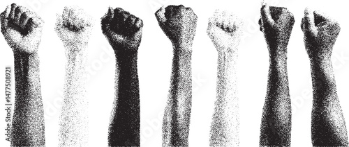 Black and White Xerox Effect Raised Hands with Clenched Fists Diverse Group of People United in Protest Struggle for Rights Vector Illustration Grainy Texture Social Justice Symbol Concept of Power