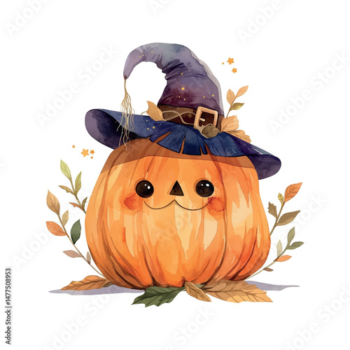 Cute pumpkin character wearing a witch's hat, surrounded by autumn leaves and magical stars