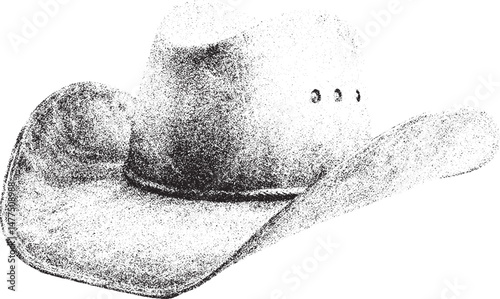 Black and White Xerox Effect Vector Illustration of a Classic Cowboy Hat Western Wear Fashion Accessory Rodeo Symbol Country Music Icon Vintage Americana Style Distressed Texture Graphic Design