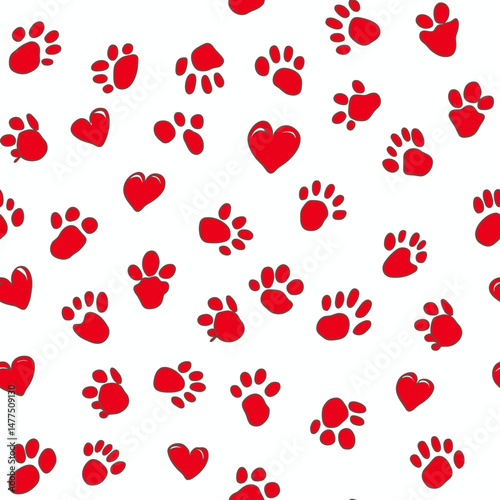 Seamless pattern of red pet paw prints and hearts on white background for love pet theme and animal footprint texture design in flat minimalist style vector illustration