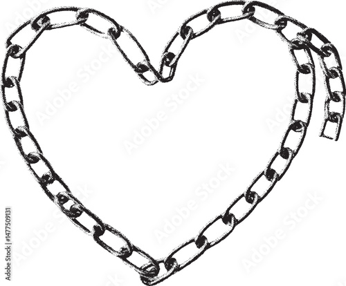 Black and white xerox effect vector illustration of a heart shaped chain broken chain link heart symbol love concept vector distressed textured icon isolated on white background grunge style vintage