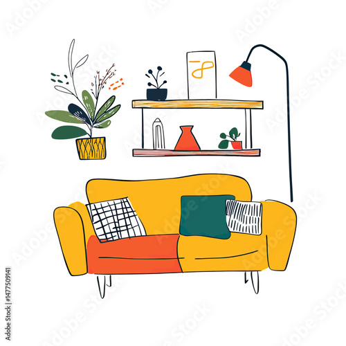 Minimalist colorful living room interior illustration with modern yellow sofa, decorative pillows, floor lamp, wall shelves, and potted plants in doodle sketch style vector