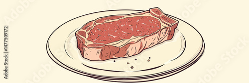 Single line drawing rib eye steak on plate vector illustration minimalist food art fresh grilled meat design outline style for culinary concept presentation
