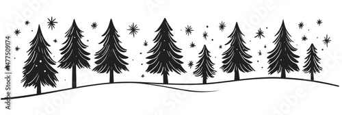 Minimalist black silhouette pine tree landscape with rolling hills and decorative star shapes winter forest vector illustration isolated on white background
