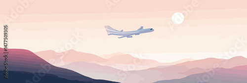 Minimalist vector illustration of airplane flying over layered mountain landscape during sunrise or sunset with clear sky and sun