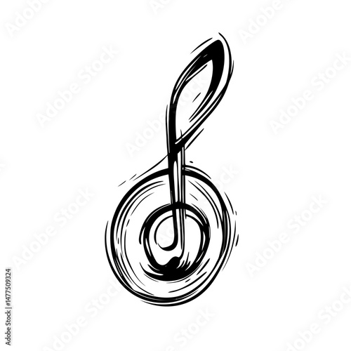 Hand drawn sketch style black treble clef music note symbol isolated on white background with rough ink brush stroke texture vector illustration for music and melody concept design