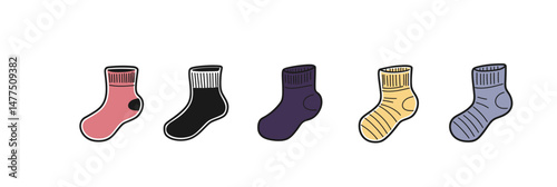 Colorful casual socks vector illustration set with stripes and solid design warm comfortable footwear icons for fashion clothing accessories collection