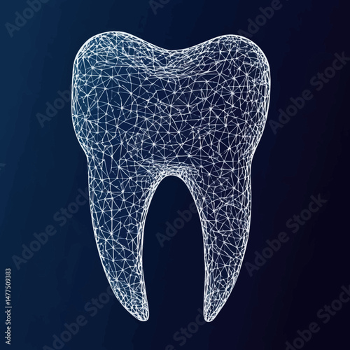 Futuristic polygonal wireframe tooth structure with interconnected white mesh lines on dark background for dental health technology concept illustration