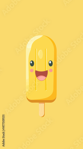 Happy yellow popsicle with smiling face and blush cheeks on stick flat minimalist vector illustration for summer treat design concept