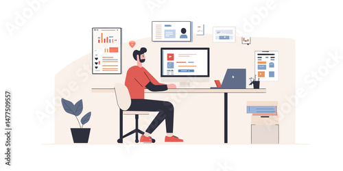 Flat minimalist vector illustration of man working at desk with multiple screens, laptop, charts, and documents in modern home office workspace