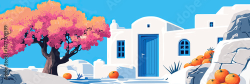 Santorini whitewashed buildings with blue doors orange trees pink flowering tree Mediterranean landscape clear sky travel tourism vector illustration flat minimalism style