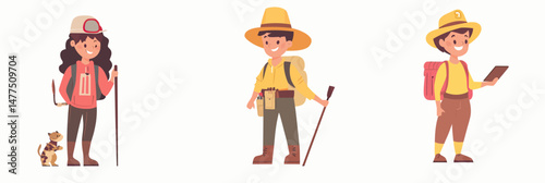 Diverse young explorers with hiking sticks binoculars map and outdoor gear adventure travelers in minimalist flat style vector illustration