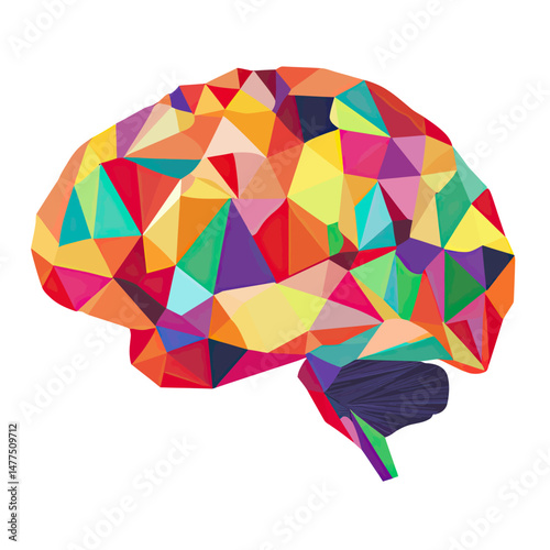 Colorful polygonal brain illustration with geometric shapes and vibrant abstract facets representing creativity and intelligence in flat vector style