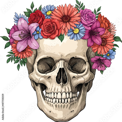 Floral Skull Vibrant Crown of Flowers on Human Skull