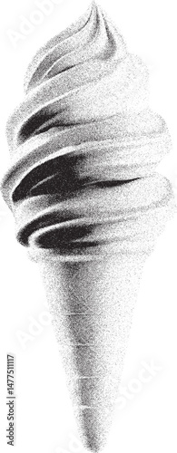 Black and white xerox effect vector illustration of a soft serve ice cream cone swirling dessert frozen yogurt or gelato graphic distressed stipple halftone textured vintage retro design element