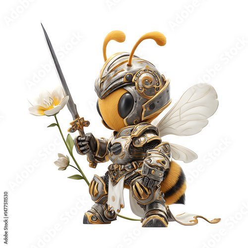 A cartoon bee in knight armor holding a flower sword, isolated with white background.