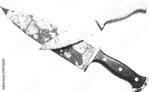 Black and white xerox effect vector illustration of two crossed kitchen knives sharp blades cutlery cooking tools chef restaurant cafe monochrome speckled textured graphic design element isolated