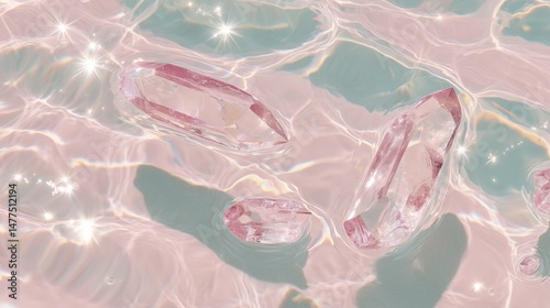 Floating Crystals in Sunlit Water with Iridescent Light Reflections