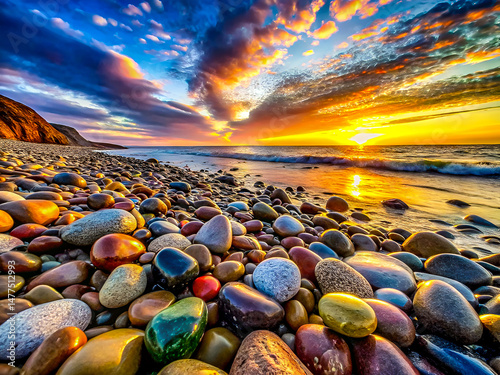 A colorful rocks on the beach at sunset. Panoramic landscape photography