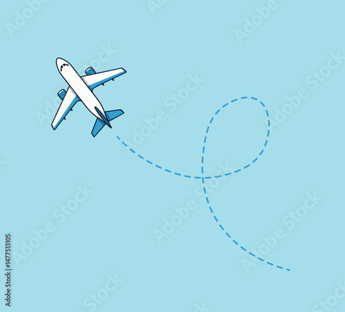 Airplane flying through the sky with a dashed line route