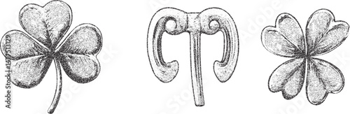 Black and white xerox effect vector illustration of three and four leaf clovers with stem and stamen botanical illustration vintage retro style stippling shading detailed speckled textured good luck