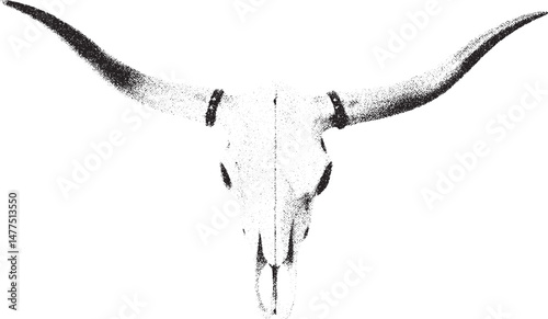 Black and White Xerox Effect Vector Illustration of a Longhorn Bull Skull with Large Horns Western Graphic Design Element for Branding Apparel Posters and More Stippled Texture Vintage Style Isolated