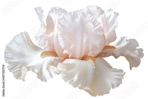 A beautiful white iris with tall, elegant petals and a subtle purple hue, isolated on a white background