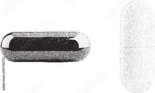 Black and white xerox effect vector illustration of wireless earbuds and charging case grunge distressed texture vintage halftone monochrome stipple dots design element grainy textured retro sound