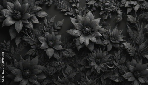 Intricate charcoal floral pattern, abstract botanicals  , tone, dark grey